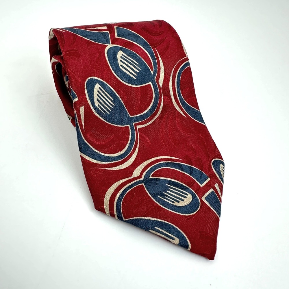 Swing Tie Mens OS Red Blue Art Deco Geometric Silk Handmade Italy Masion Blanche